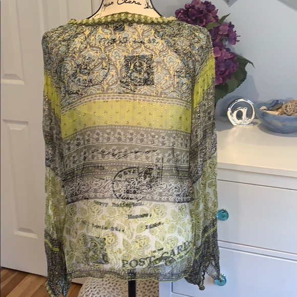 ECI Sheer Boho Blouse Crochet V Neck / Cuffs NWOT - Picture 2 of 6